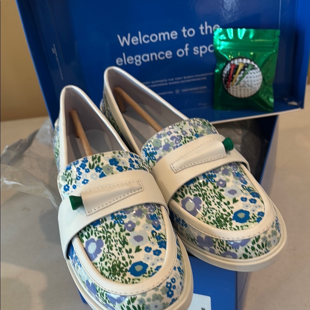 Tory Burch Sport Pocket Tee Golf Loafers Ace Blue Garden Floral Leather Size:9.5